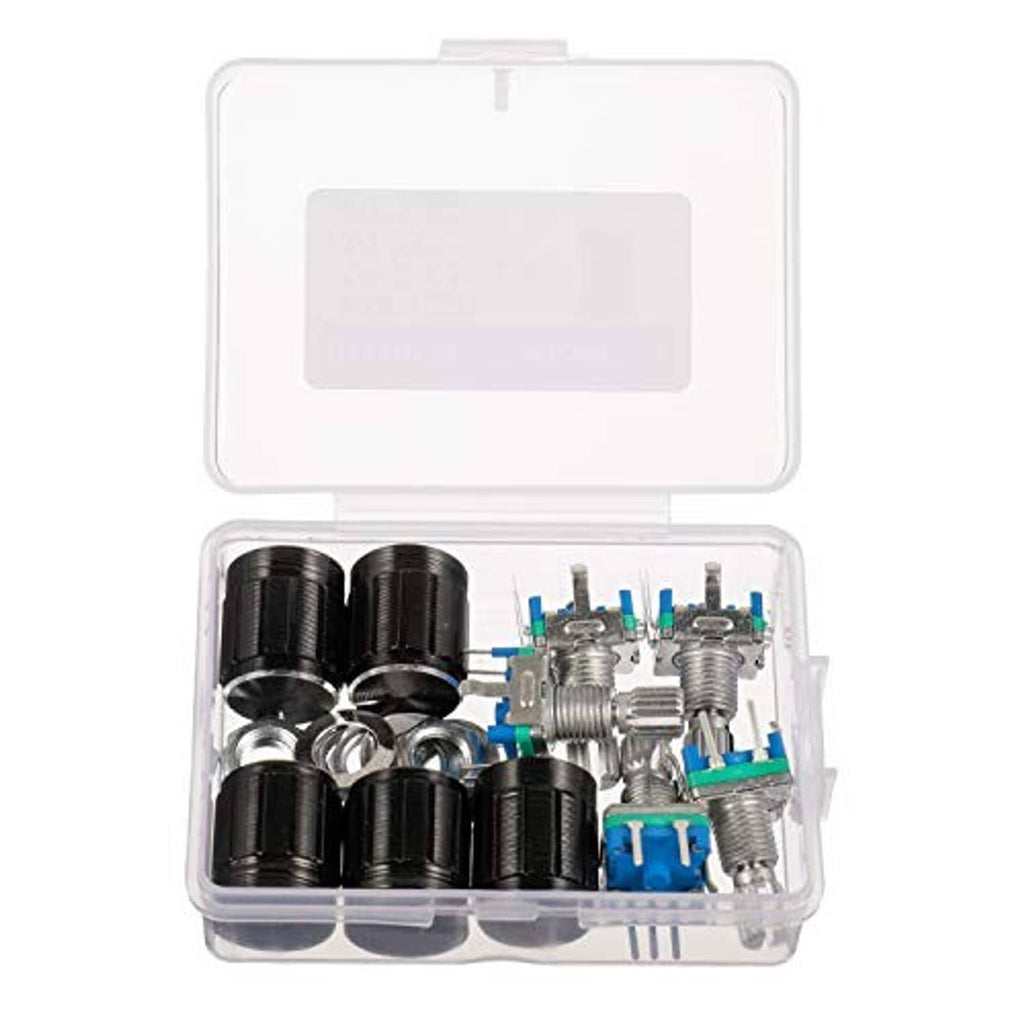 Digital potentiometer encoder kit in open clear case: black units, blue boards, and metal hardware.