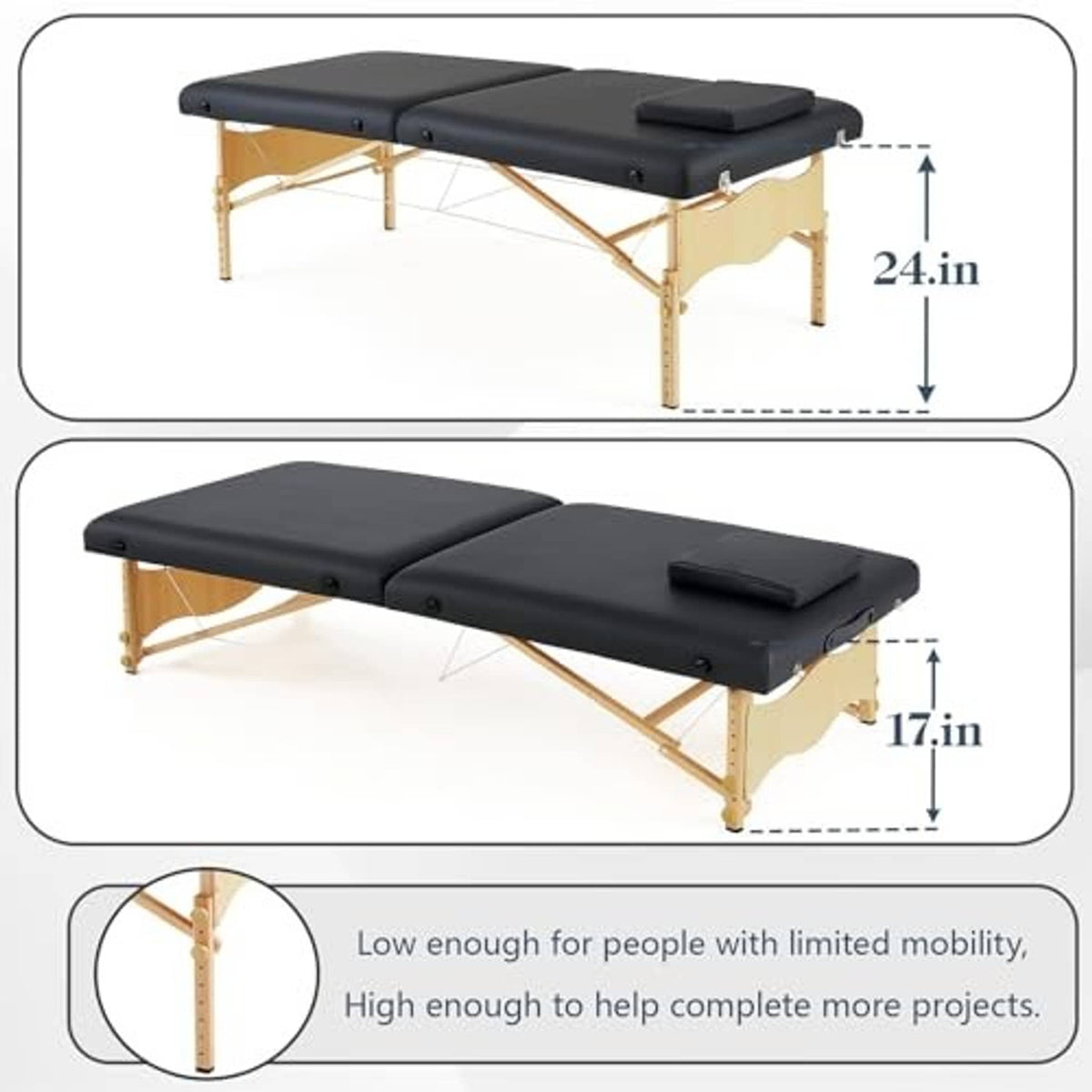 Compact folding massage table with black upholstery and included carrying case