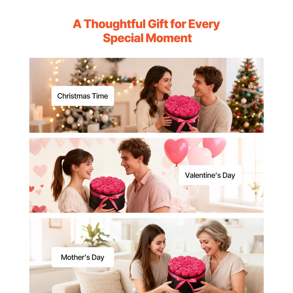 Preserved rose bouquet in black round box with pink ribbon held during a gift moment