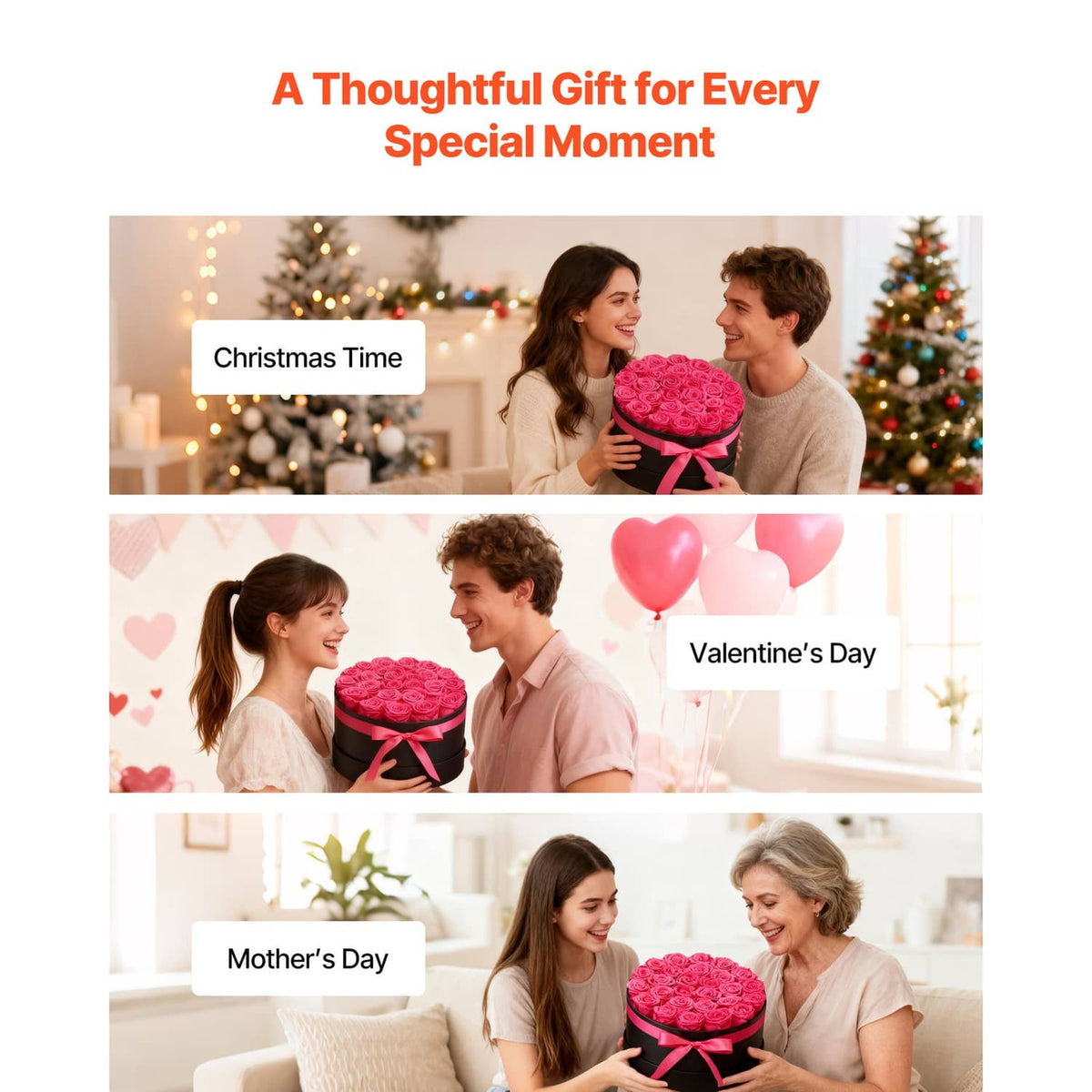 Preserved rose bouquet in black round box with pink ribbon held during a gift moment