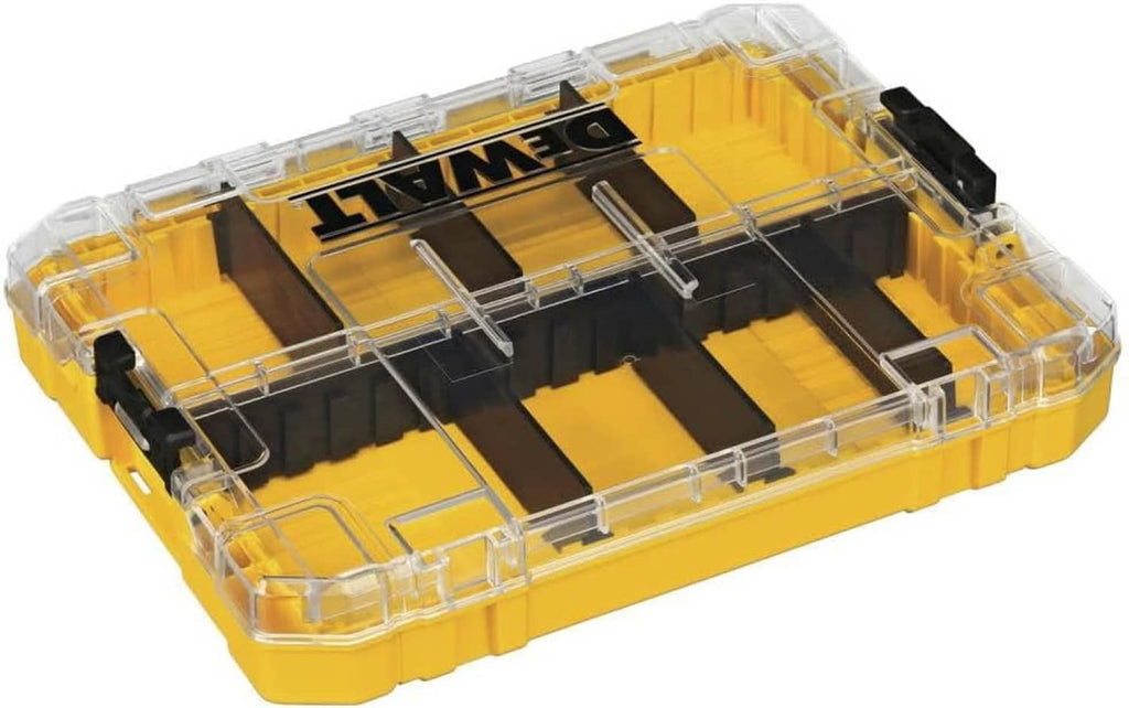 DEWALT small parts organizer case, open clear lid with yellow base and black dividers