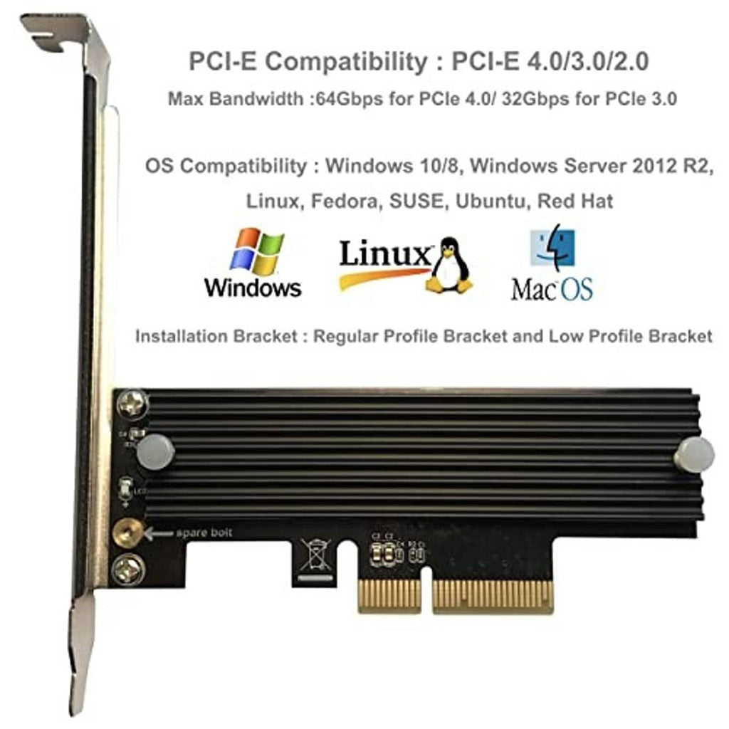 M.2 NVMe PCIe x4 adapter card with bracket and black heatsink for PCIe 4.0/3.0