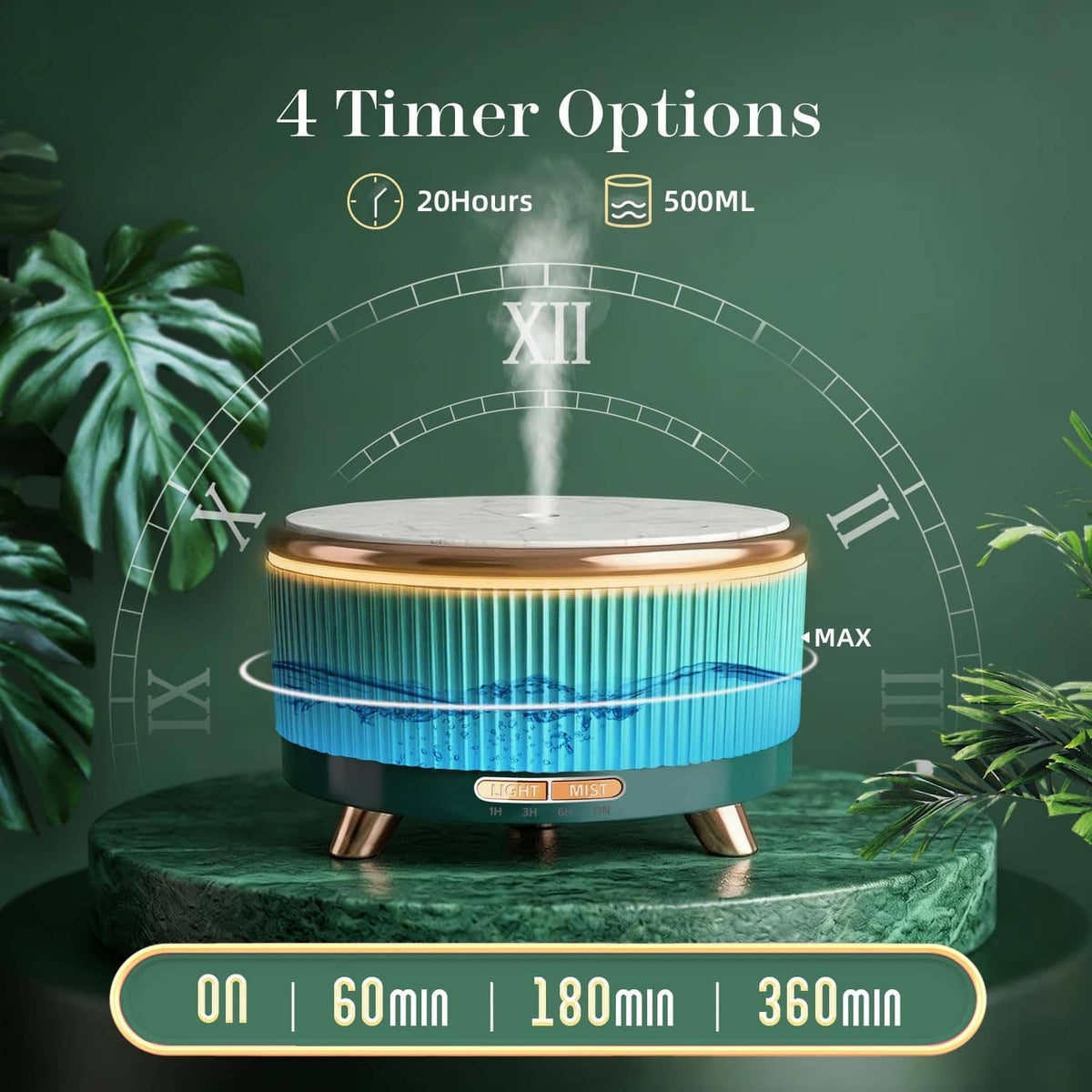 Teal essential oil diffuser with blue accent glow, mist stream from top