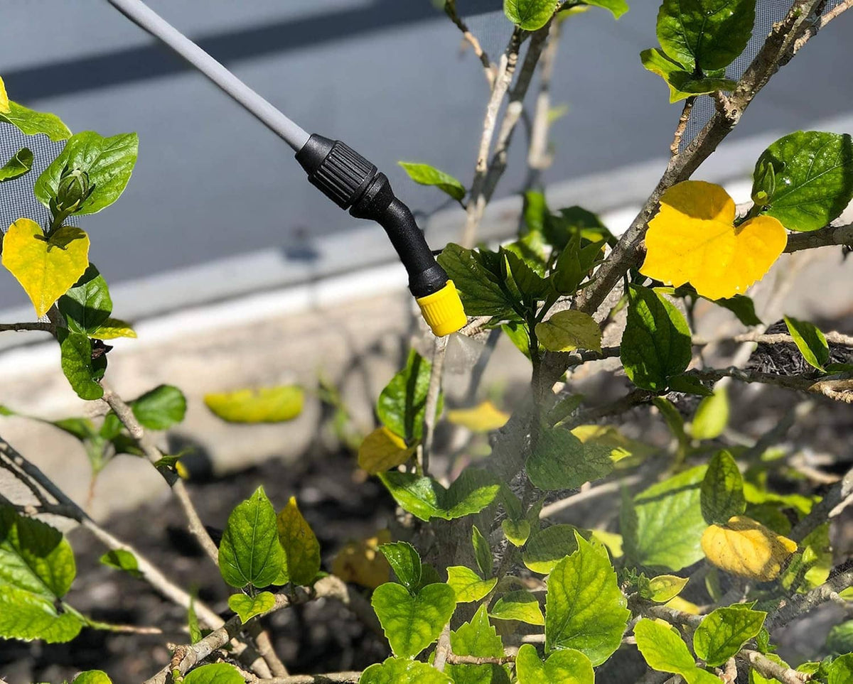 Black nozzle with yellow connector spraying near green leaves