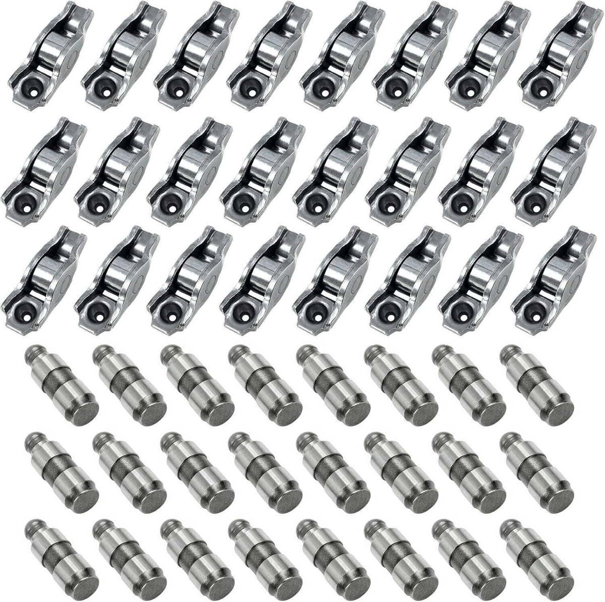 Rocker arm and valve lifter kit with multiple silver components, bulk set