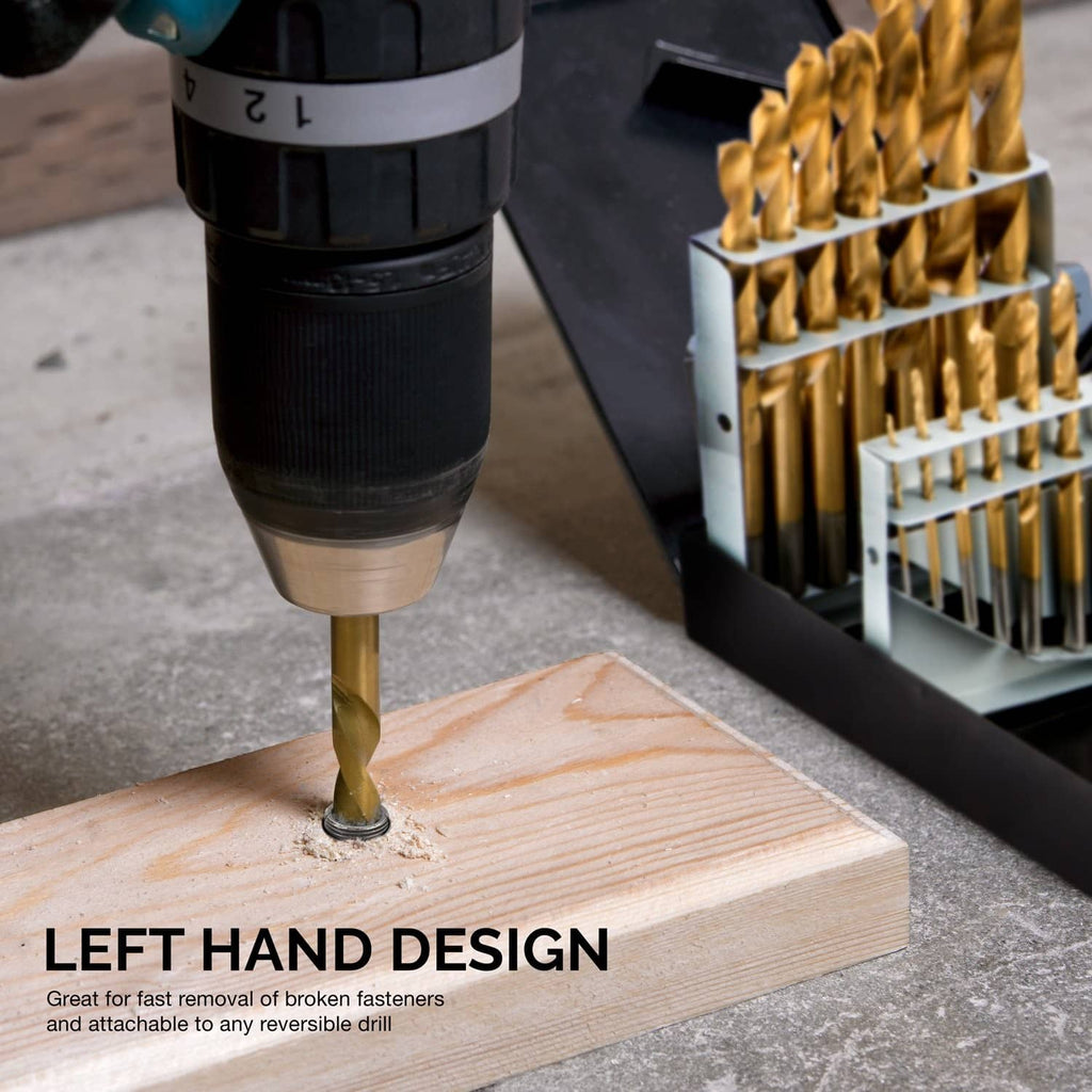 Gold left-hand drill bit drilling into light wood, with drill and case visible