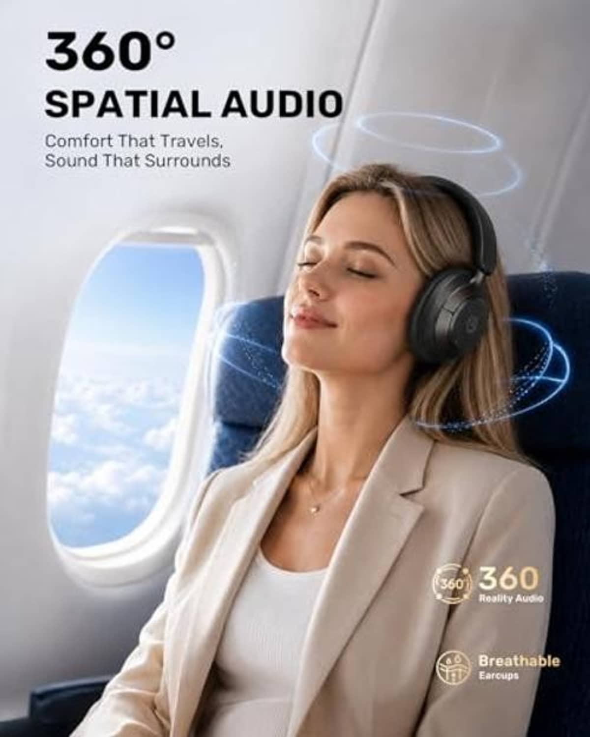 Over-ear black wireless headphones worn by woman, showing spatial audio cues