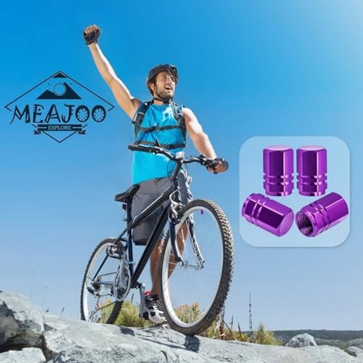Purple tire valve stem caps with rubber O-ring, four-piece set shown.