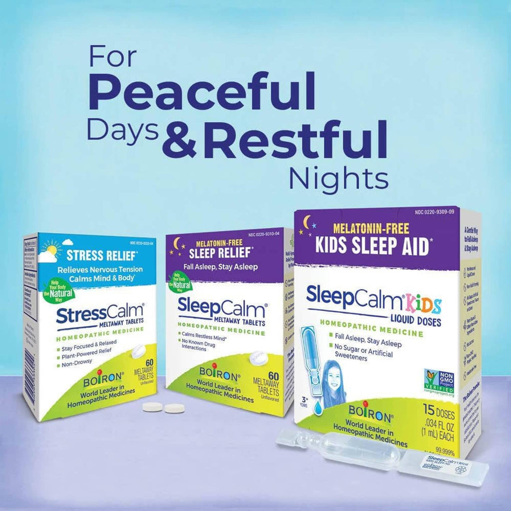 Sleep relief products display featuring melatonin-free SleepCalm tablets and Kids packs