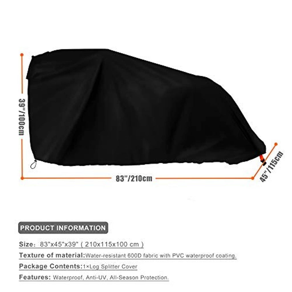 Black log splitter cover with grommets; size markings shown for 83 x 45 x 39 in