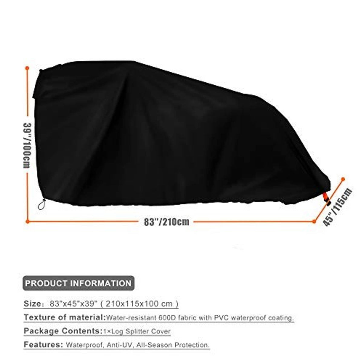 Black log splitter cover with grommets; size markings shown for 83 x 45 x 39 in