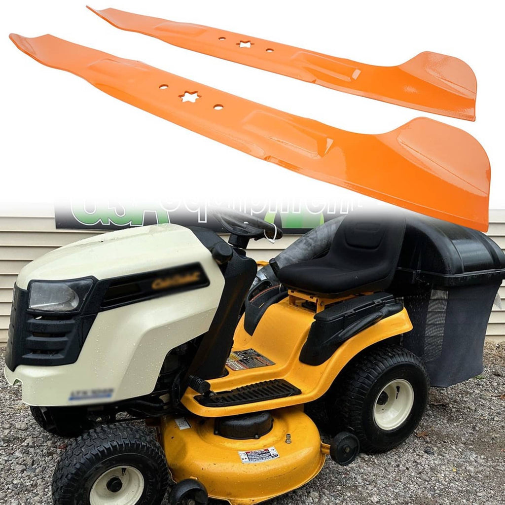 Pair of orange 46-inch mower blades with mounting holes and star-shaped cutouts