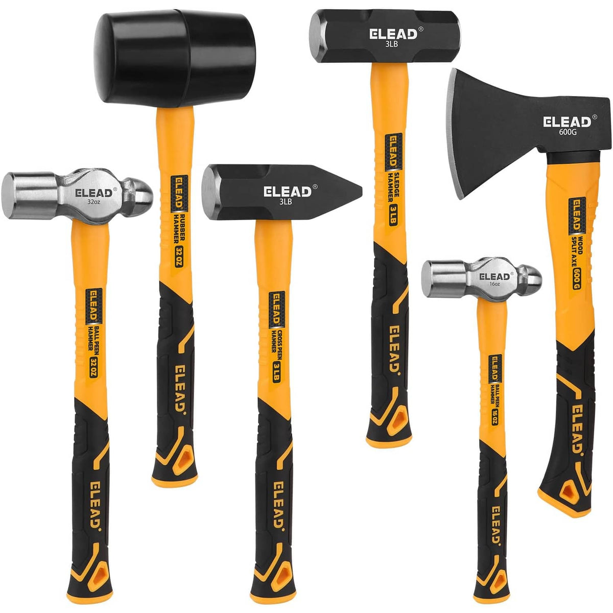 6-piece mallet and hammer set with yellow fiberglass handles and black steel heads