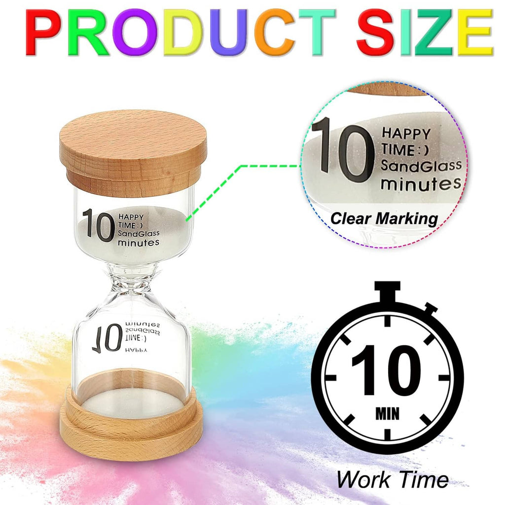 10-minute wooden sand timer with clear glass chamber and round wood cap