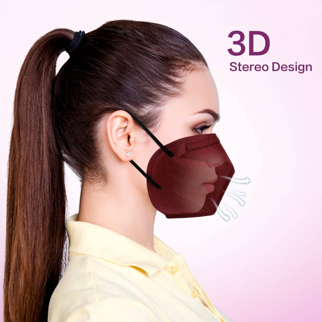 Red 3D cup KN95 face mask with black ear loops, side profile.