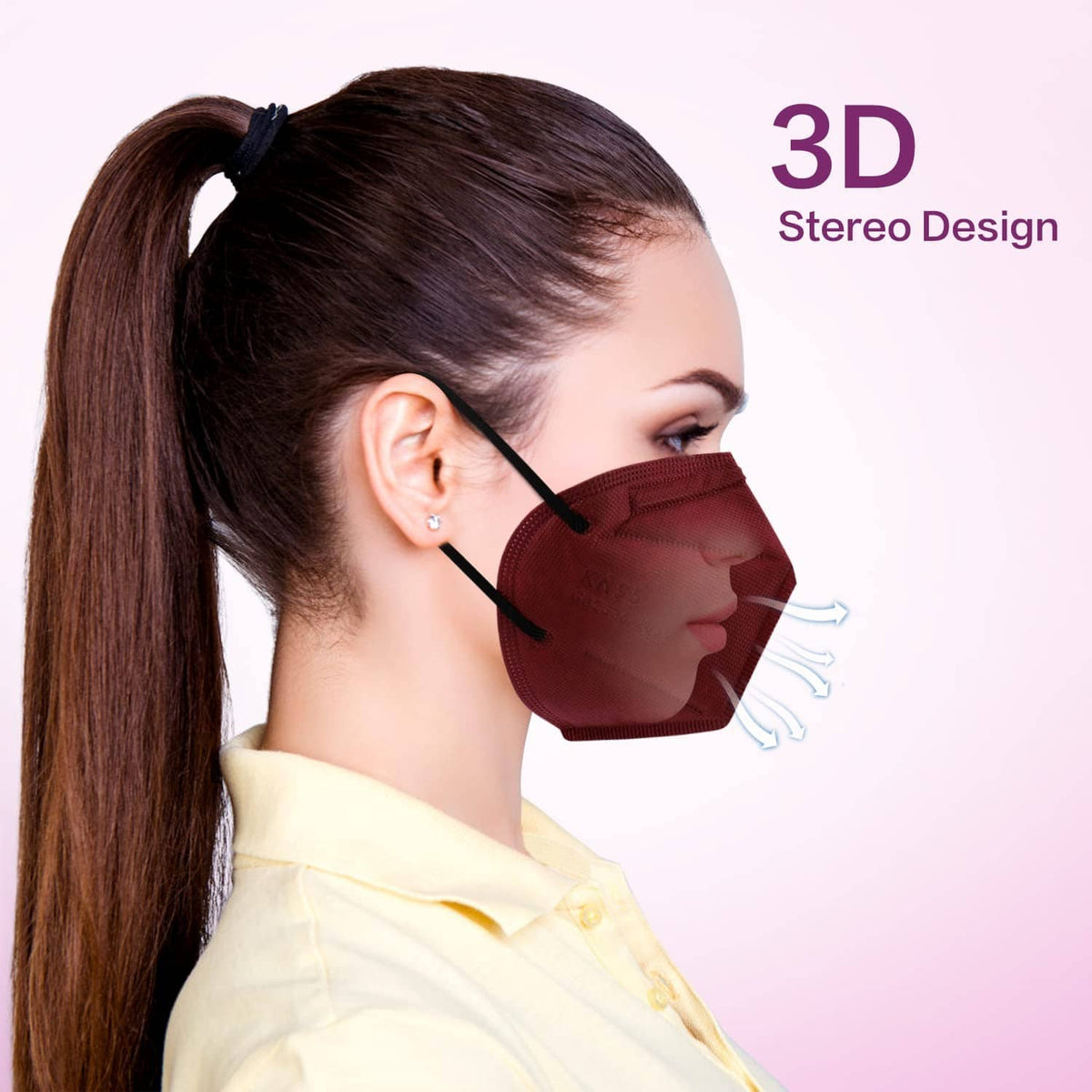 Red 3D cup KN95 face mask with black ear loops, side profile.