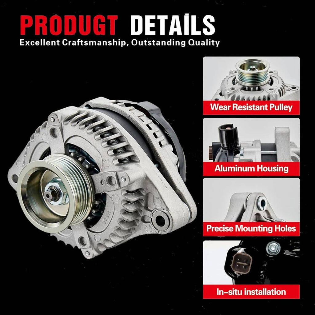 Aluminum alternator with ribbed housing, front pulley, and precise mounting bolt holes