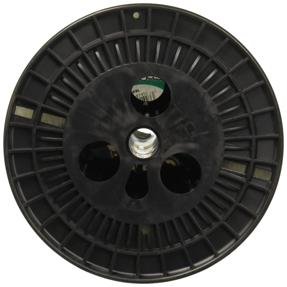Black plastic fishing line spool with clear line wound around center