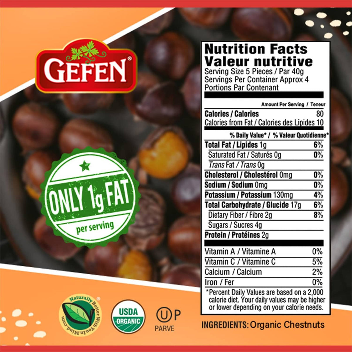 Roasted organic chestnuts nutrition facts and ingredient panel on the package