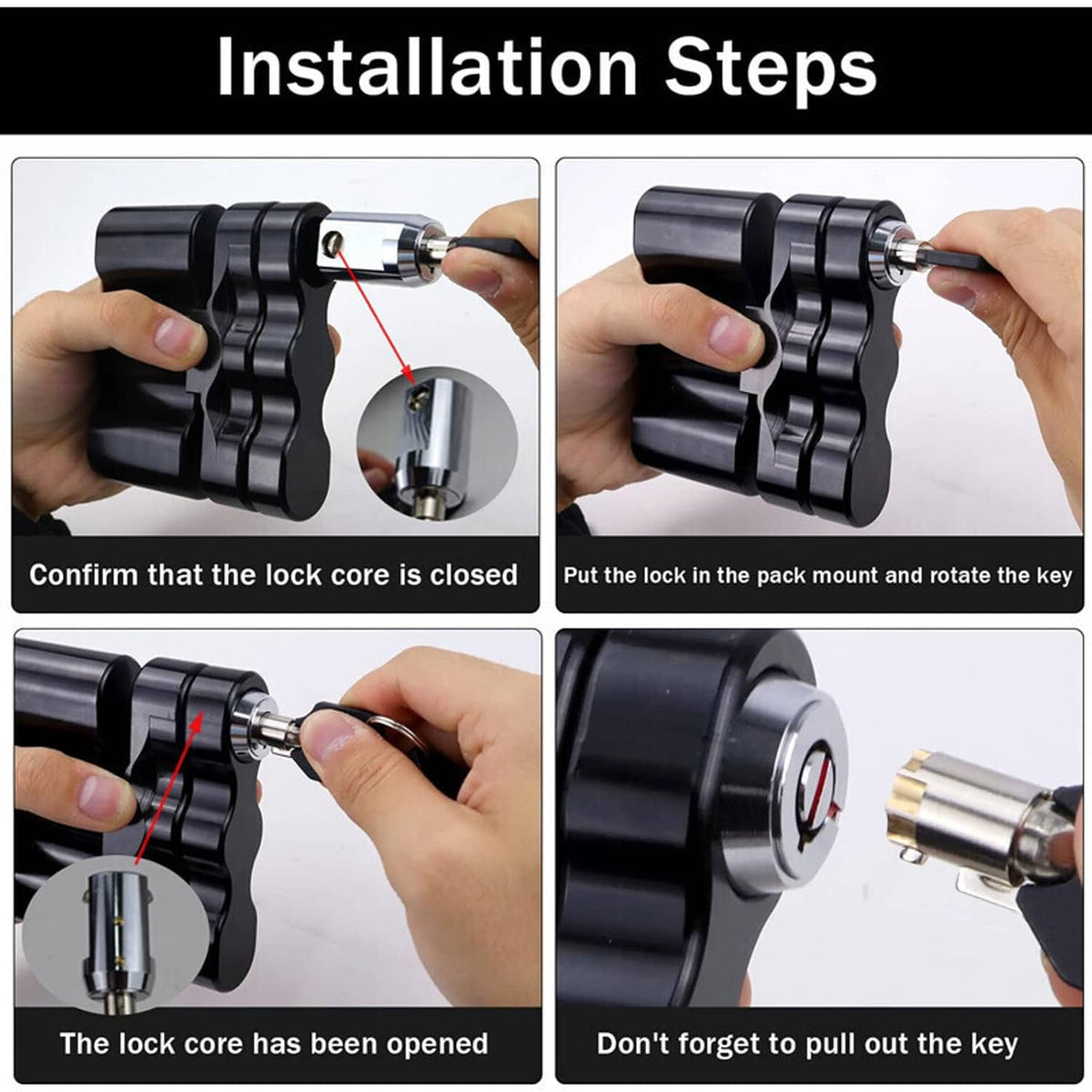 Black pack-mount lock installation steps shown with key and lock core
