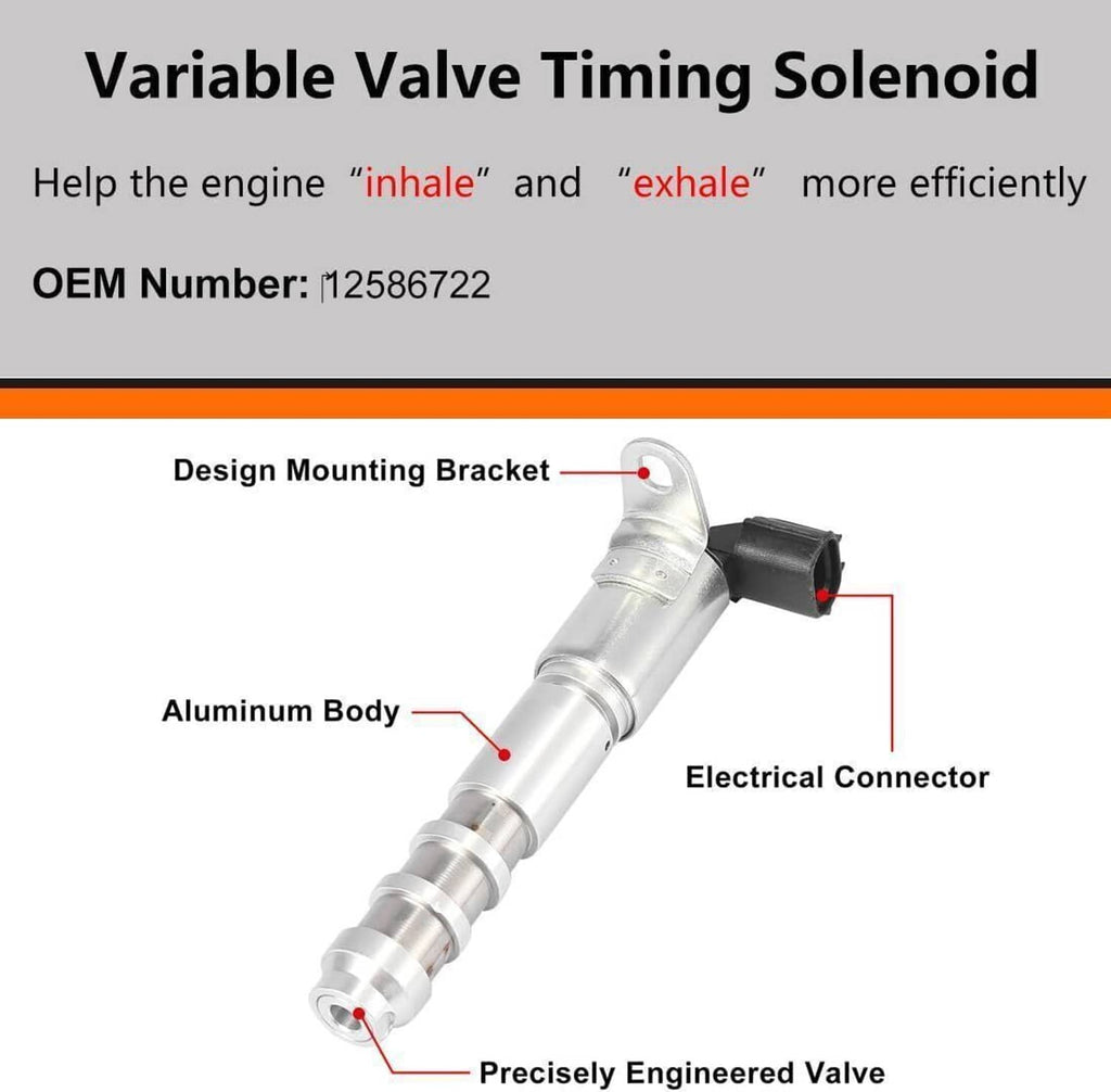 Variable valve timing solenoid with aluminum body, mounting bracket, and black connector