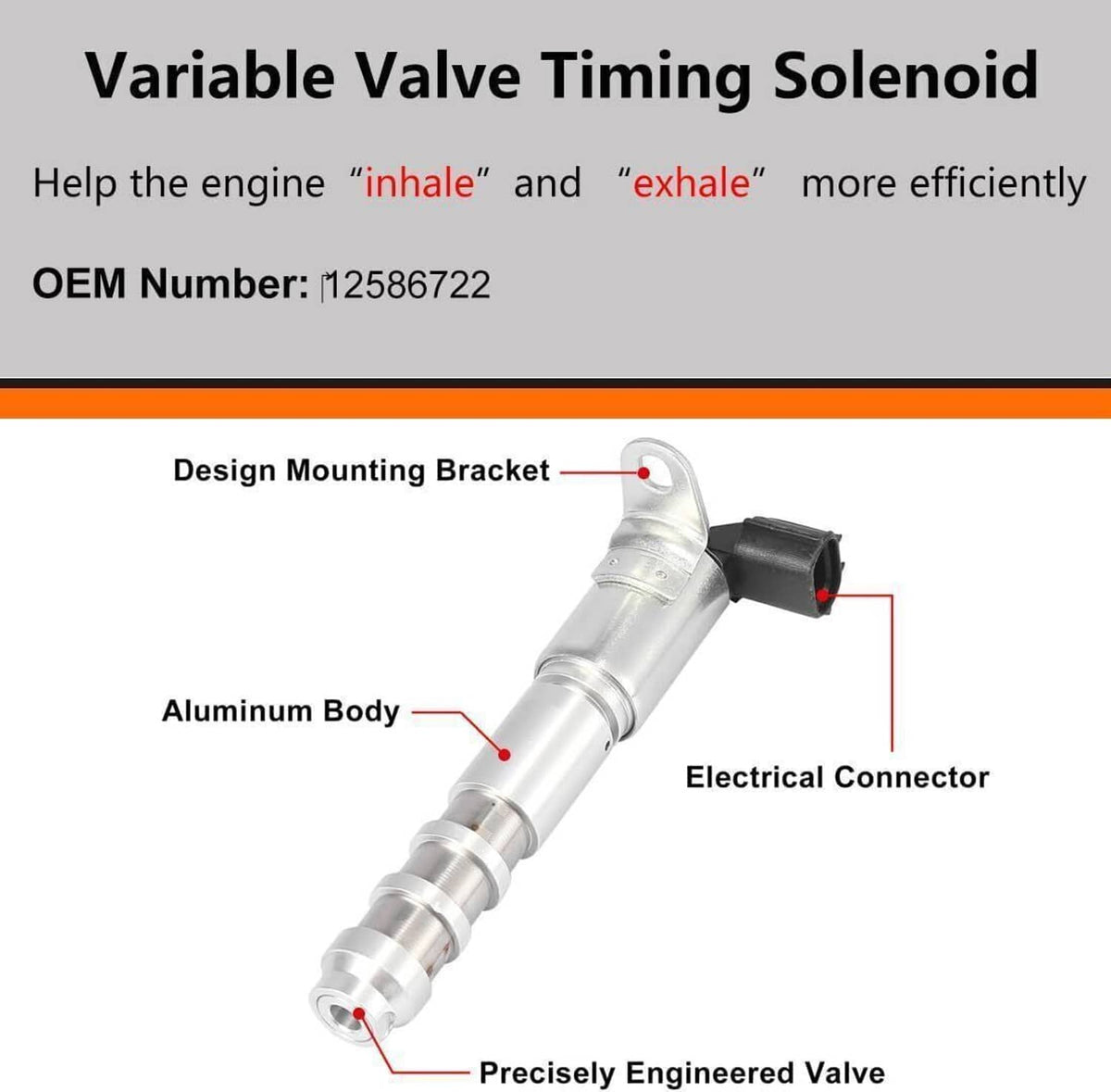 Variable valve timing solenoid with aluminum body, mounting bracket, and black connector