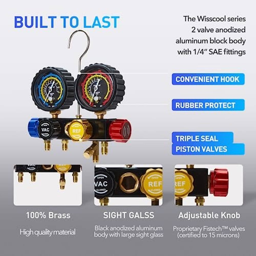 Two-valve AC manifold gauge with blue and red dials, brass fittings, and hanging hook