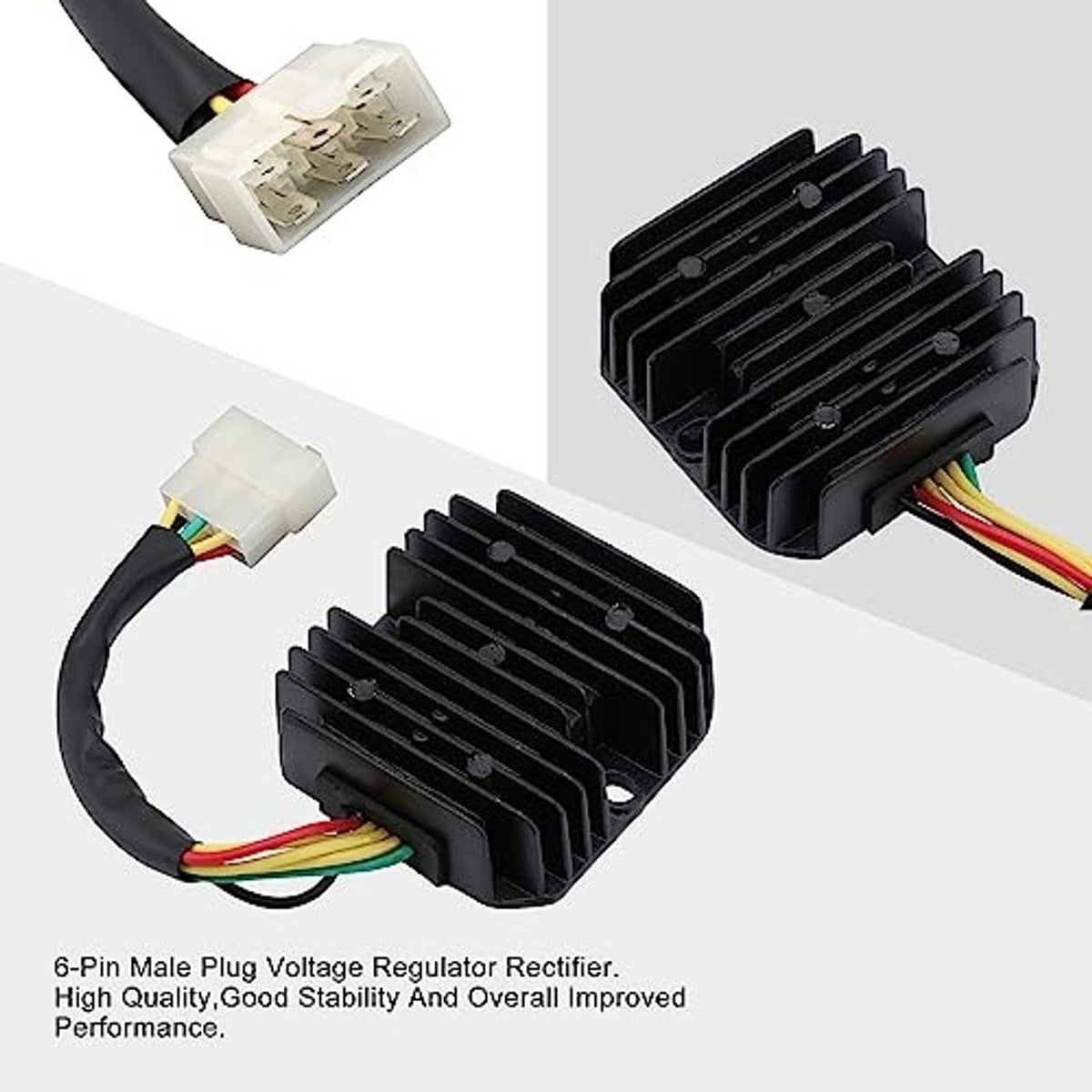Black voltage regulator rectifier with multi-fin heatsink and 6-pin white plug