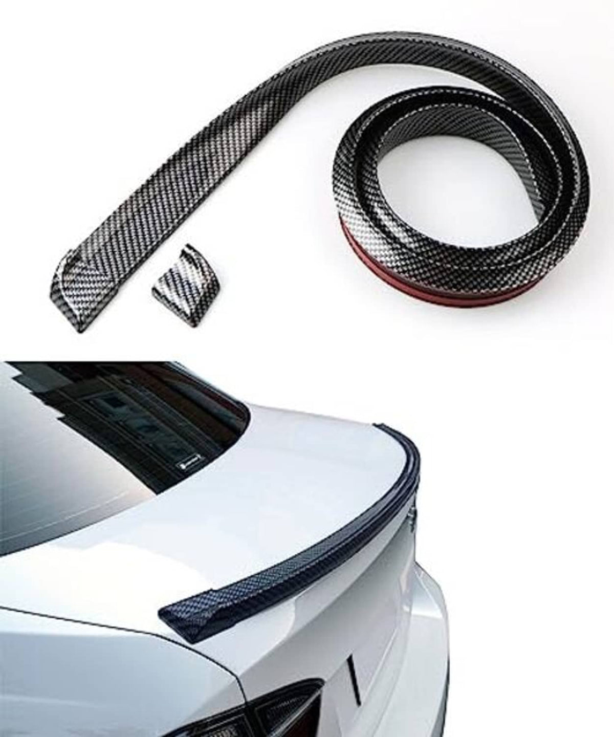 Universal trunk spoiler strip with carbon-fiber style finish and red underside accent