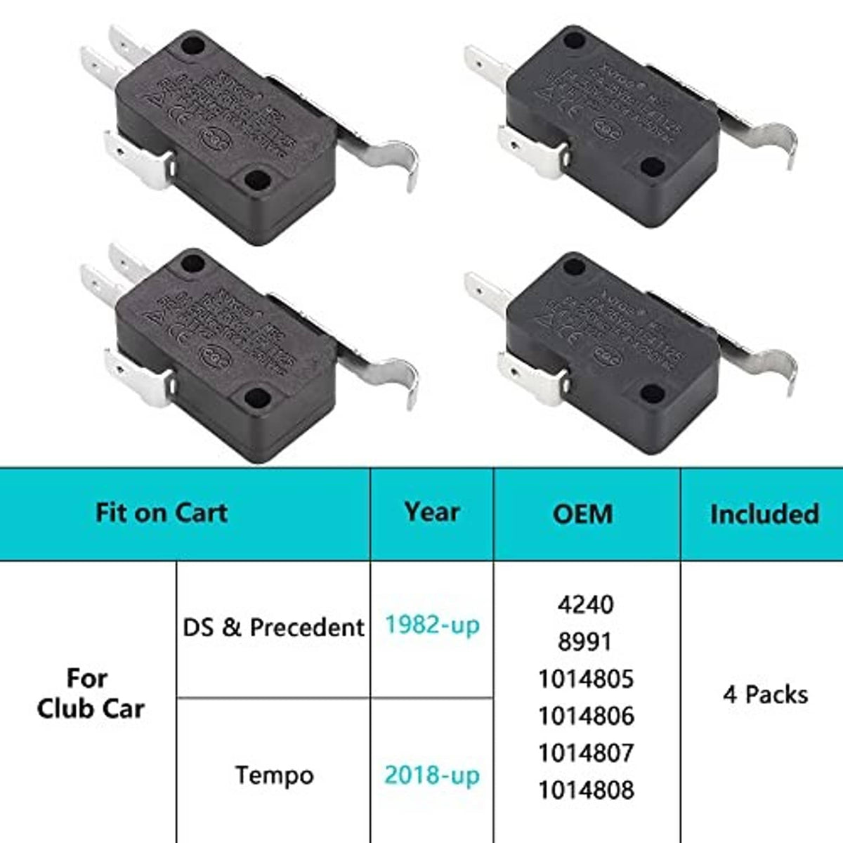 Four black terminal micro switches with spade connectors and metal mounting pins