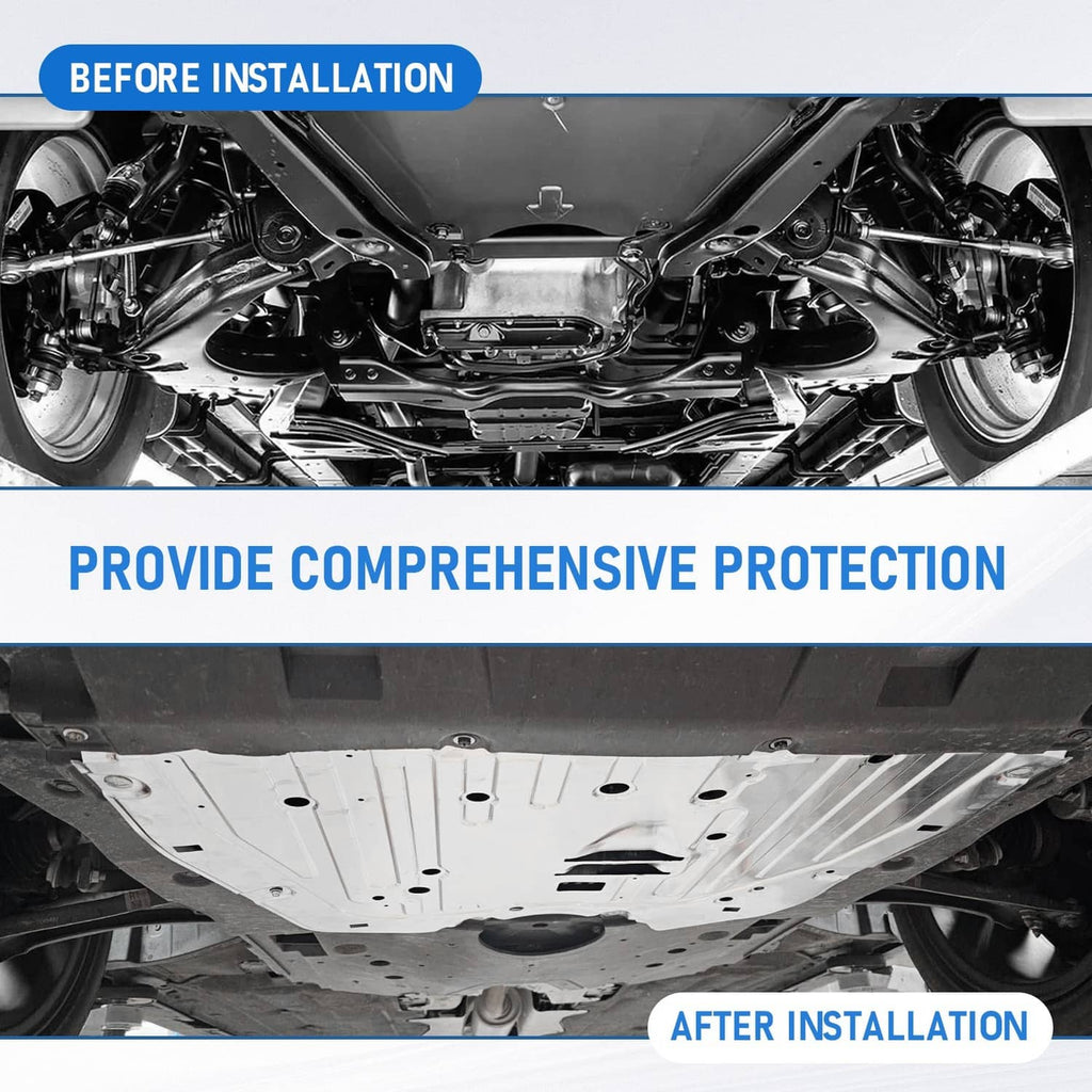 Installed underbody splash guard plate, dark gray ridged steel protection panel