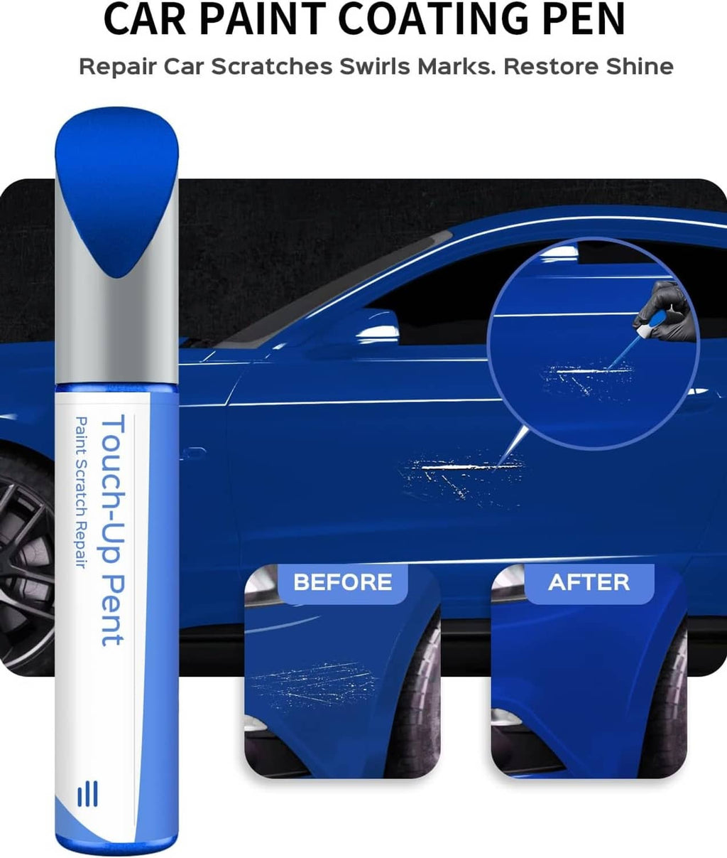 Car paint coating pen shown beside blue car scratch repair area