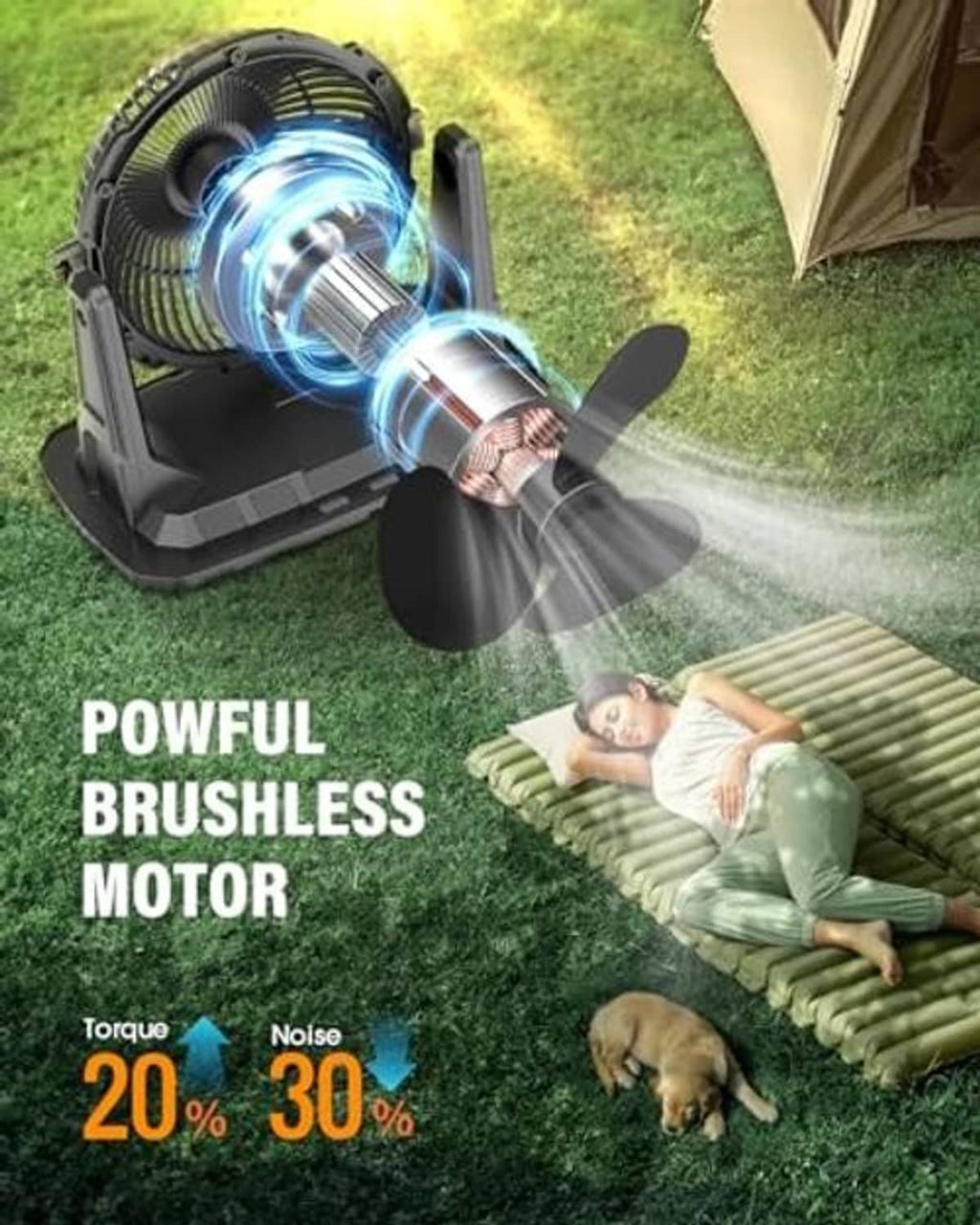 Portable misting fan spraying mist with blue fan and black base on grass