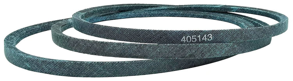 Turquoise deck drive belt with 405143 marking, two-loop view