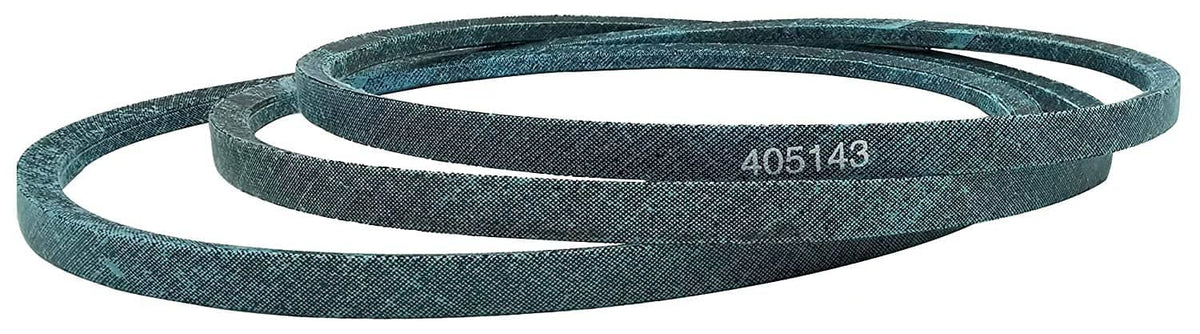 Turquoise deck drive belt with 405143 marking, two-loop view