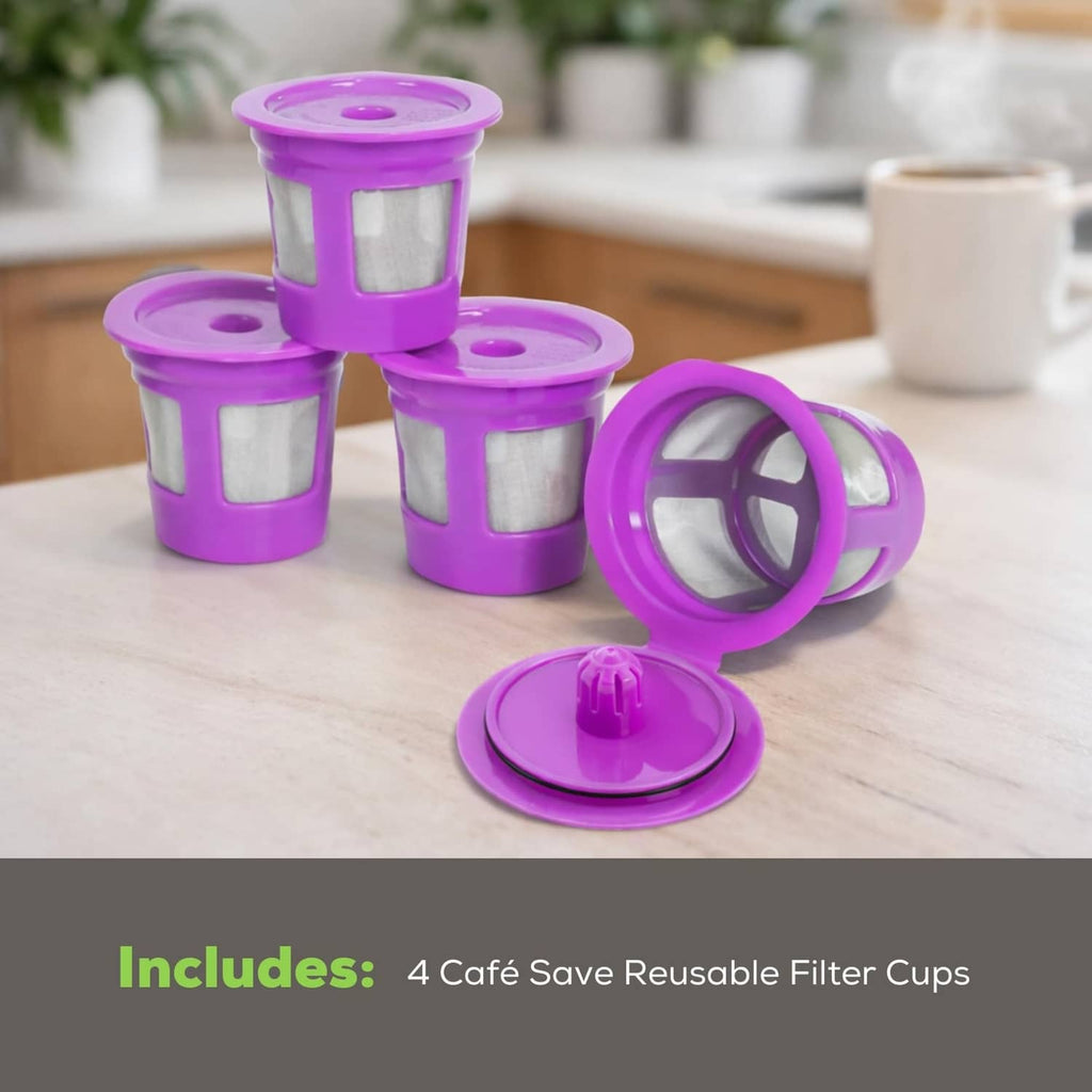 Purple reusable K-cup coffee filter cups with lid and one open cup on countertop
