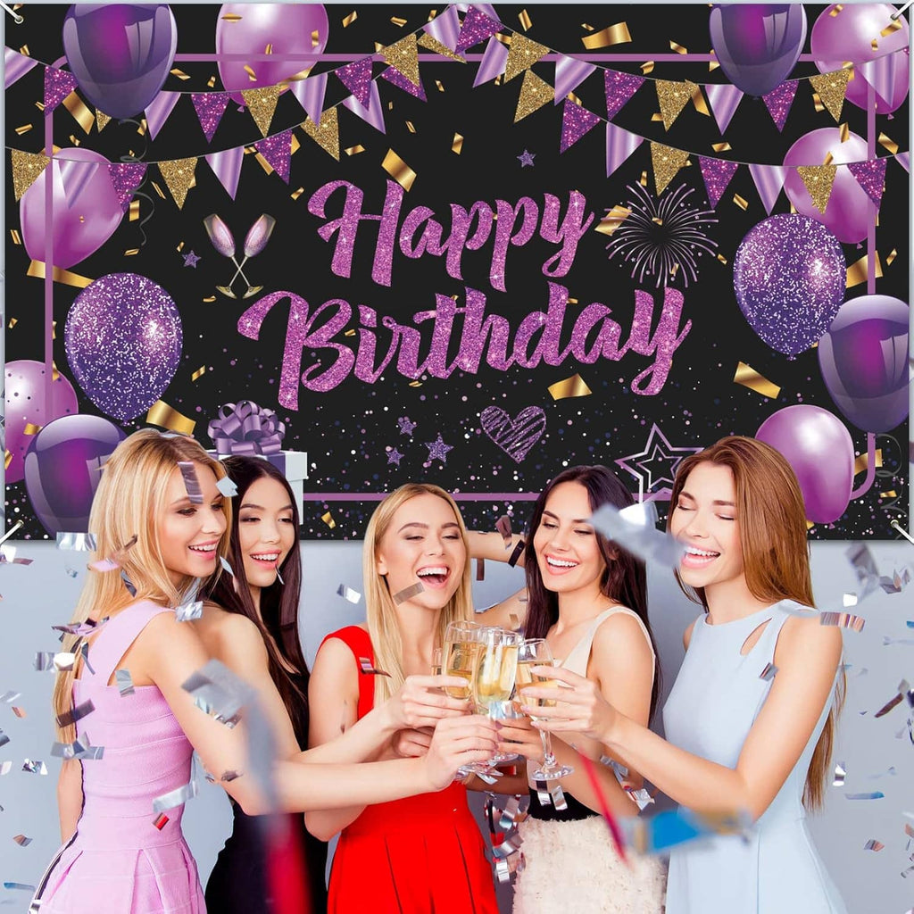 Black and purple Happy Birthday banner with balloons, stars, fireworks and gold confetti