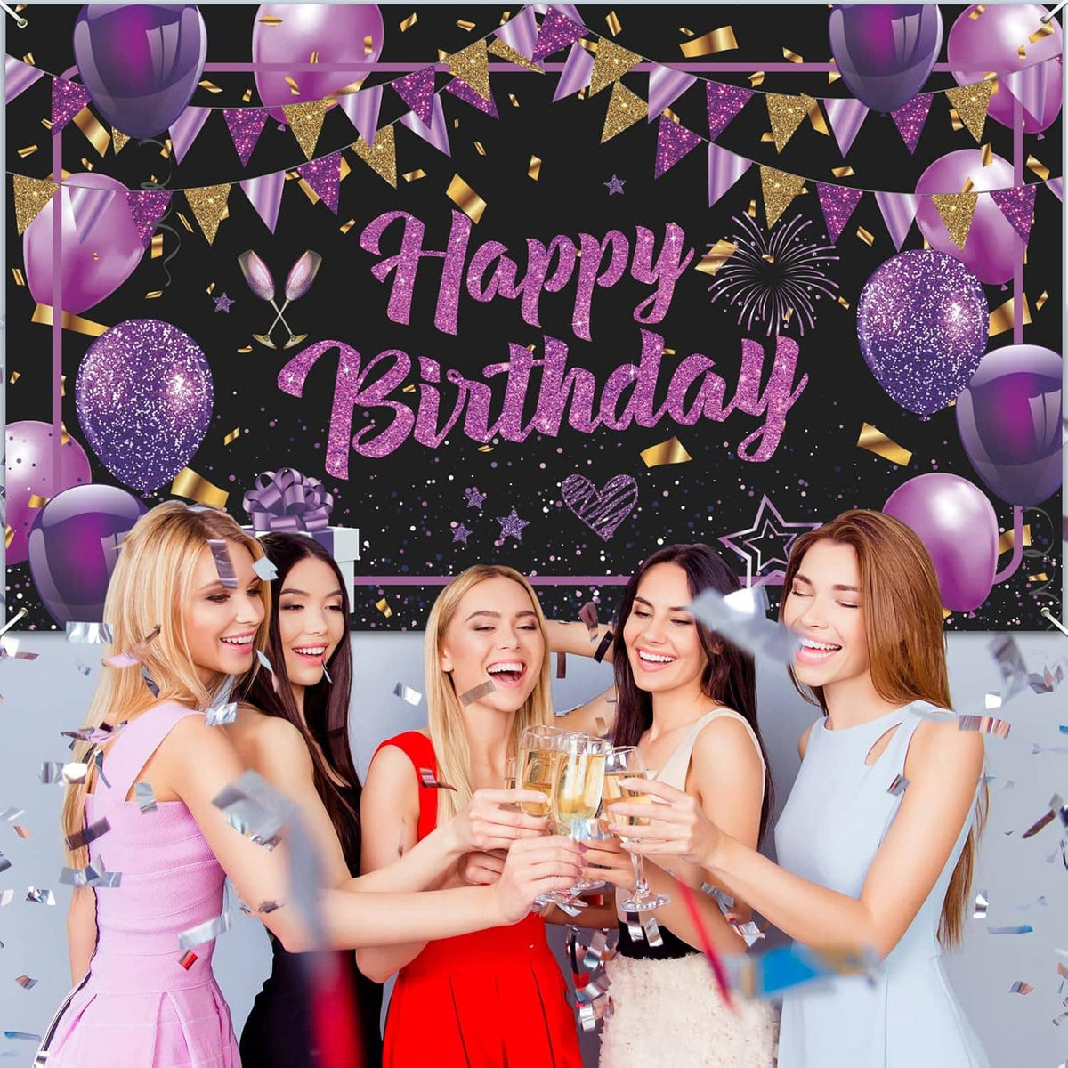Black and purple Happy Birthday banner with balloons, stars, fireworks and gold confetti