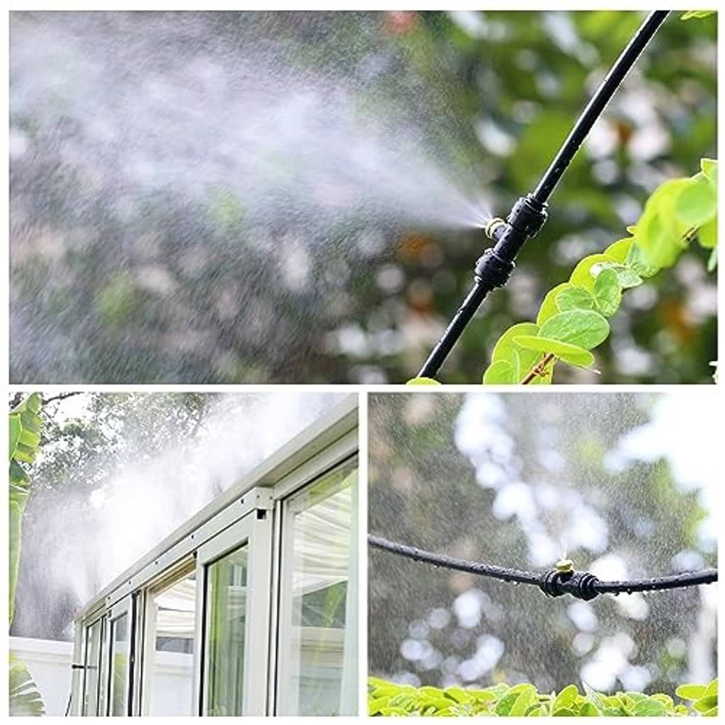 Misting nozzle releasing fine spray from black tubing near green leaves