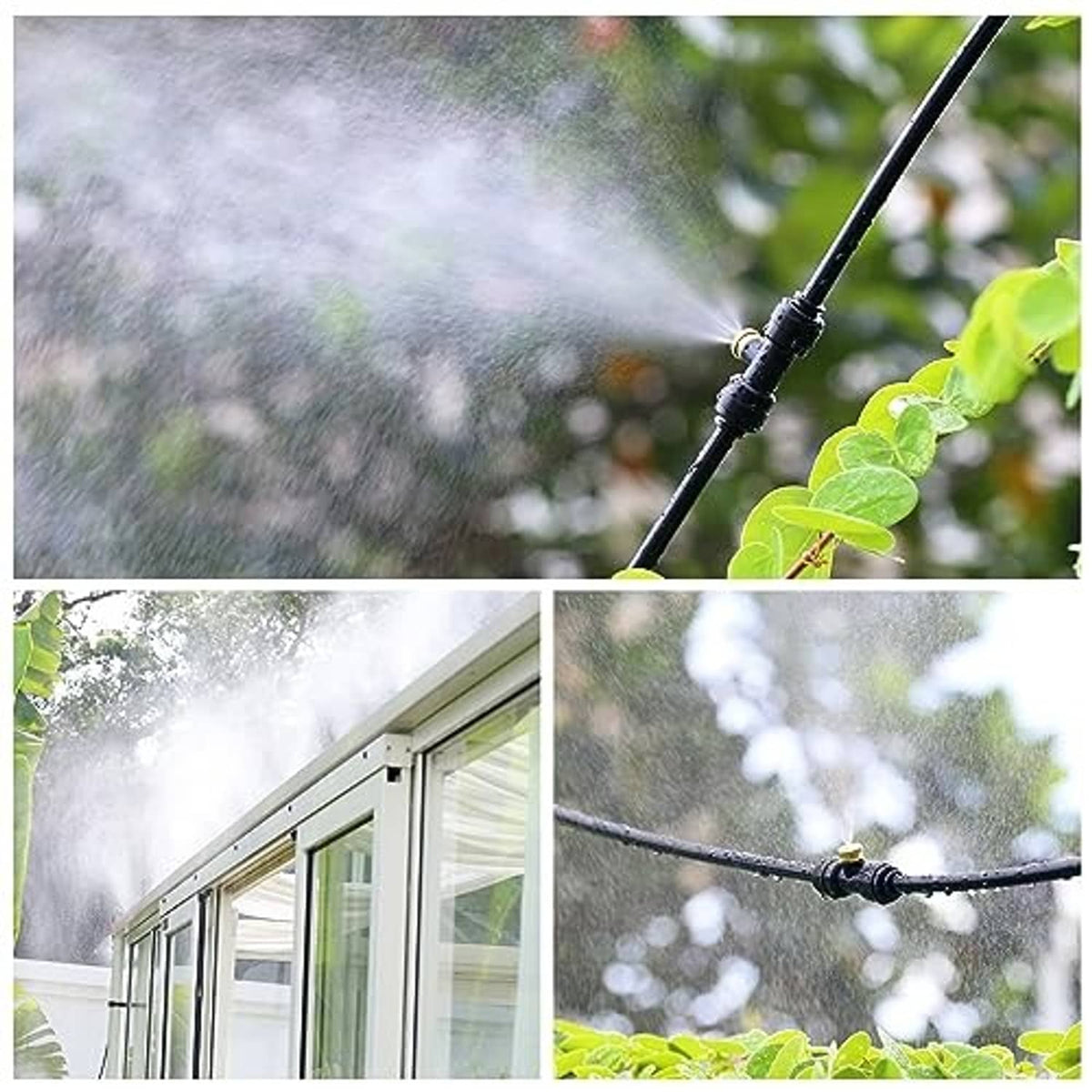Misting nozzle releasing fine spray from black tubing near green leaves