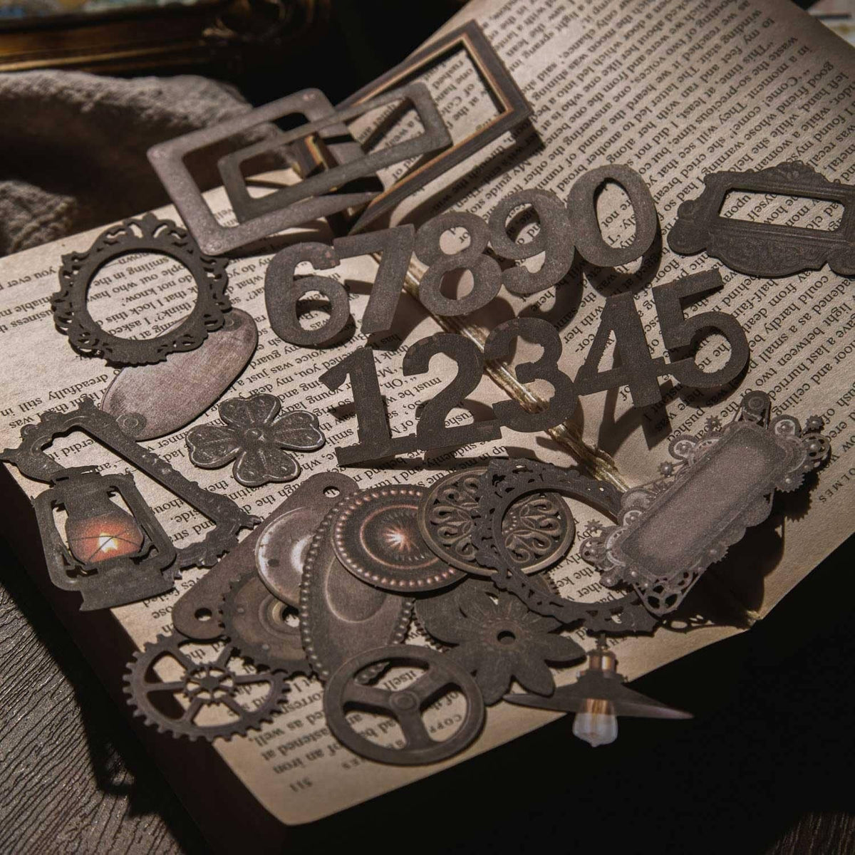 Steampunk junk journal bronze die-cut set with gears, numbers, frames, and butterfly shape