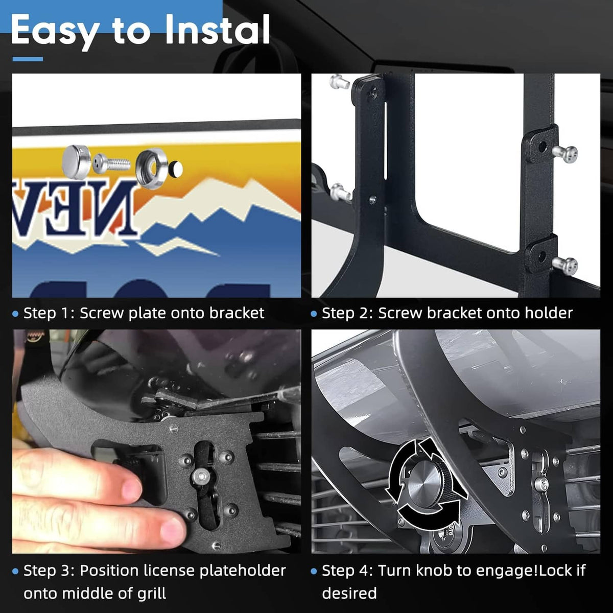 Steps for installing black no-drill license plate mount with bracket and knob