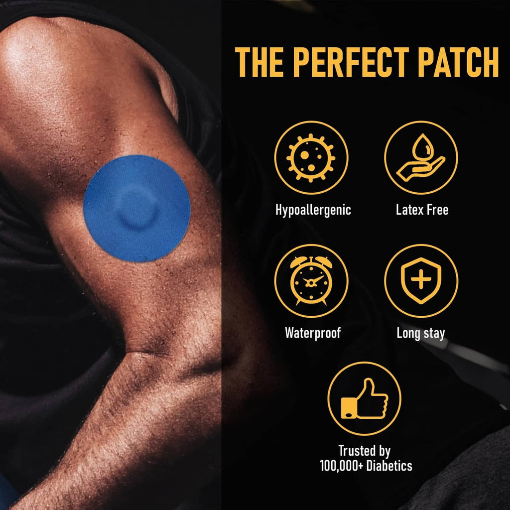 Round blue Dexcom G7 adhesive patch applied to skin