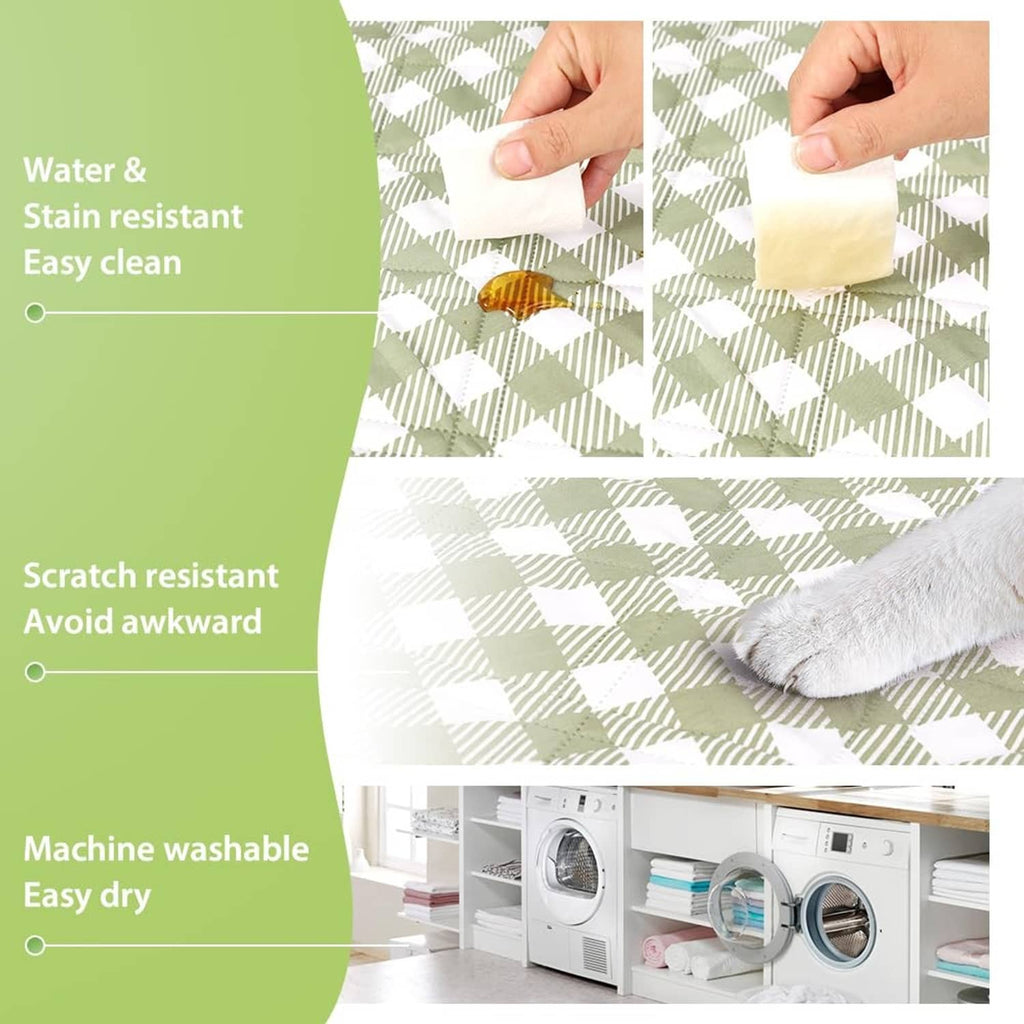 Green and white check picnic blanket fabric shown as water and stain resistant.