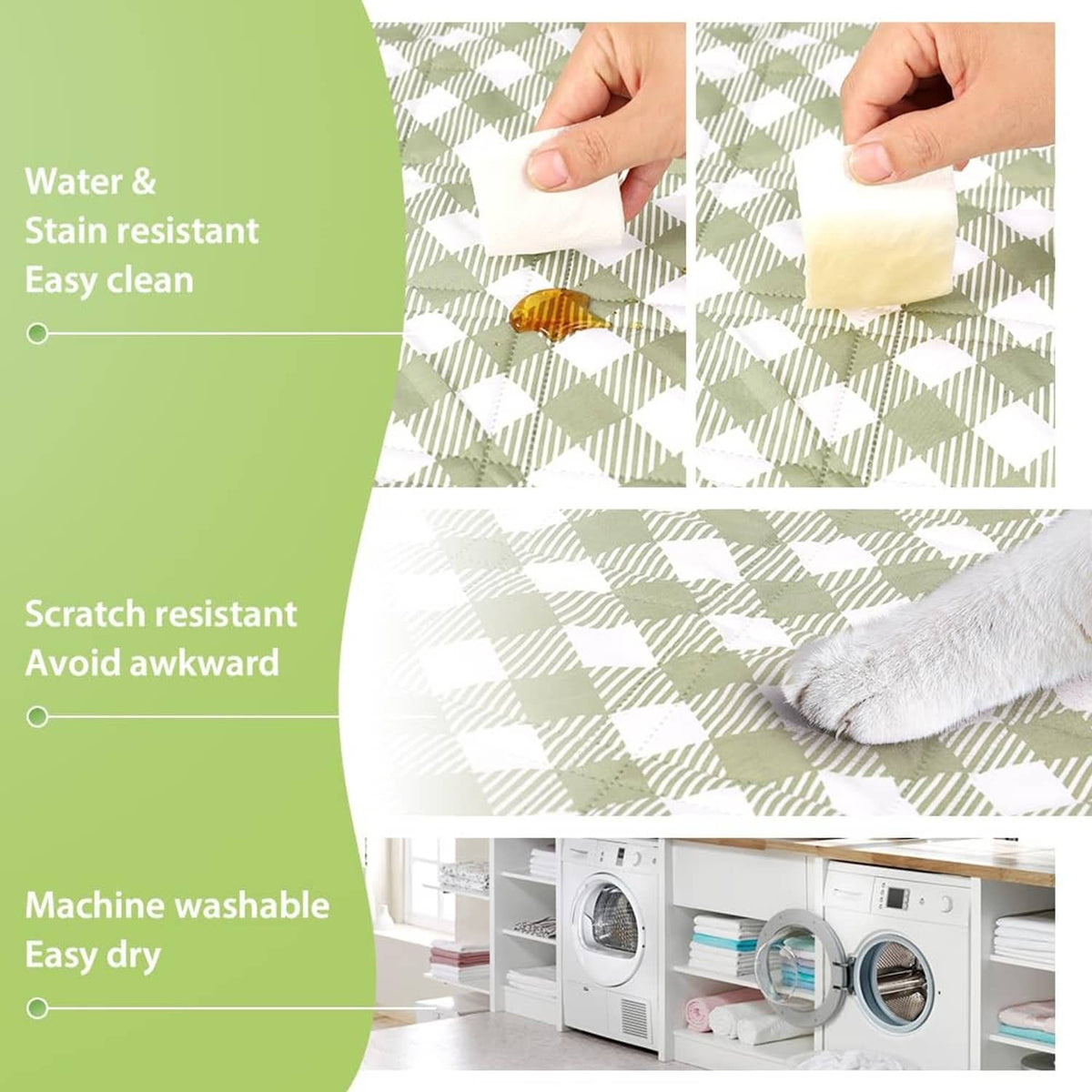 Green and white check picnic blanket fabric shown as water and stain resistant.