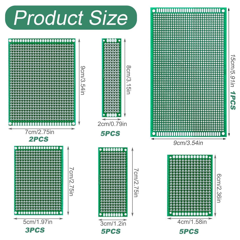 Double-sided perf boards set on green PCBs, assorted rectangular sizes