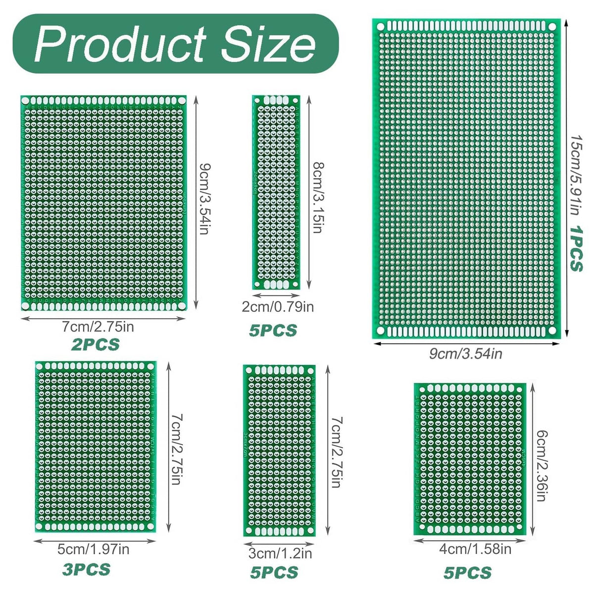 Double-sided perf boards set on green PCBs, assorted rectangular sizes