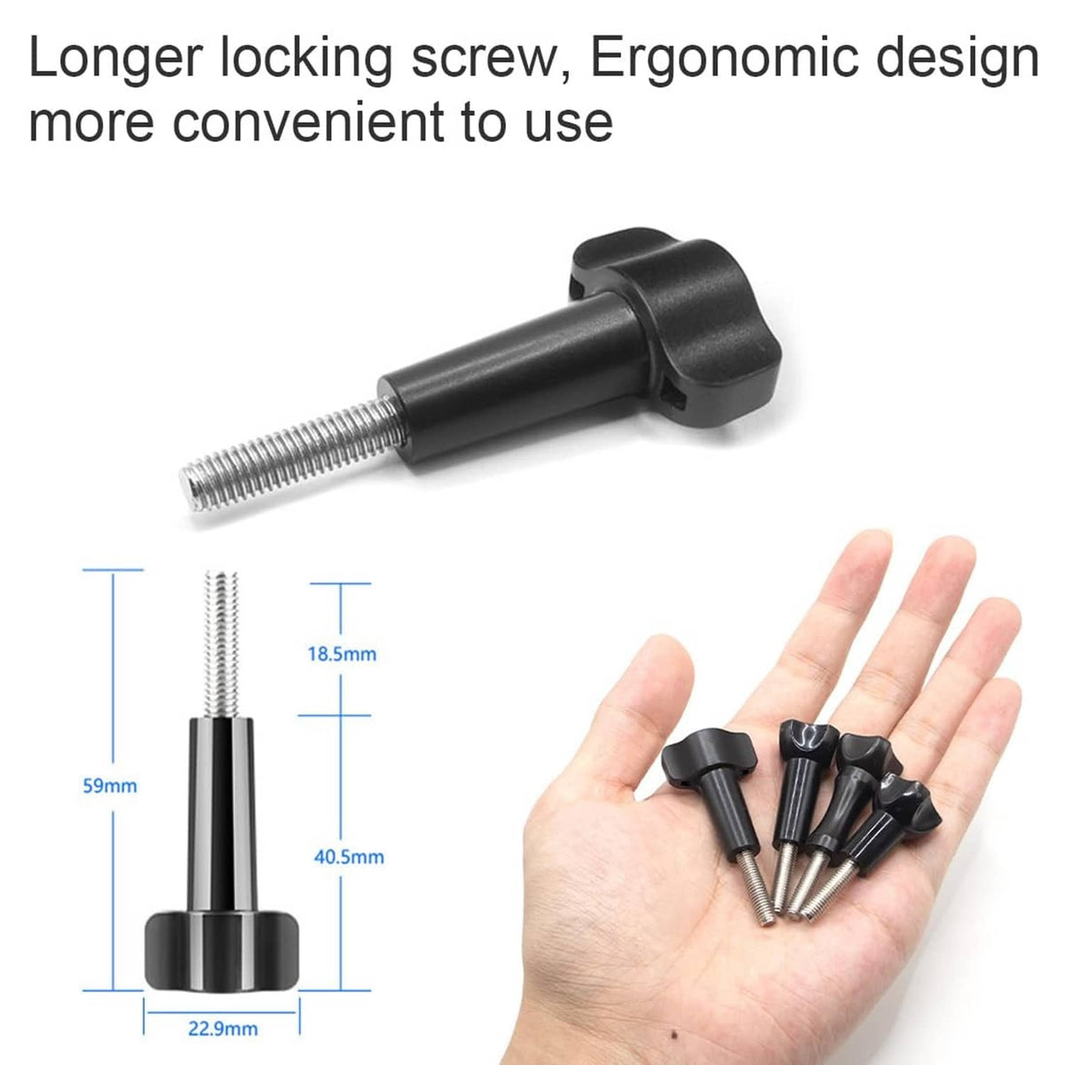Black tripod mount adapter thumb screw with threaded stud and ergonomic grip