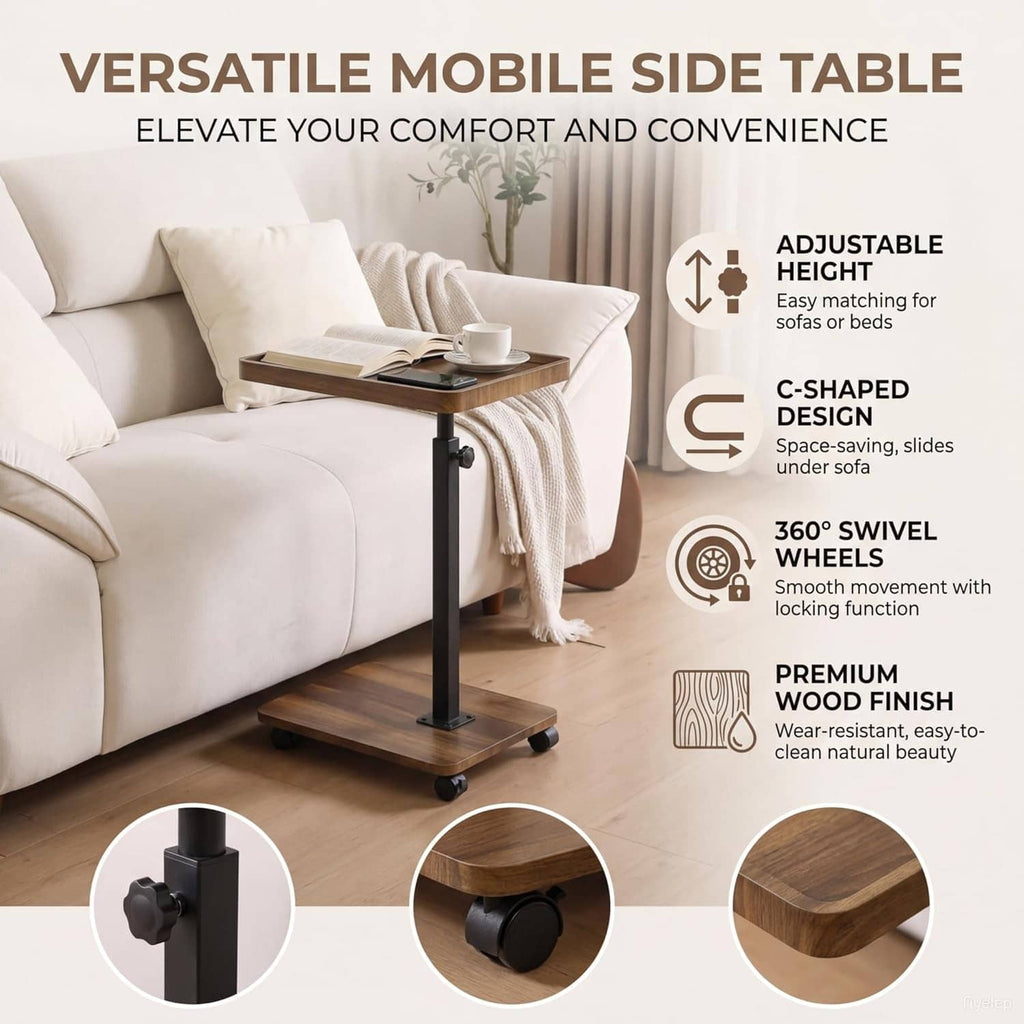 Adjustable swivel side table with wood tray and pedestal base shown next to sofa