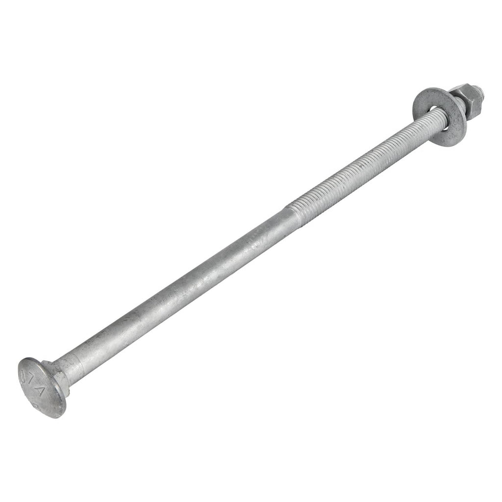 Galvanized carriage bolt with hex nut and flat washer, silver finish, 1/2 in x 12 in